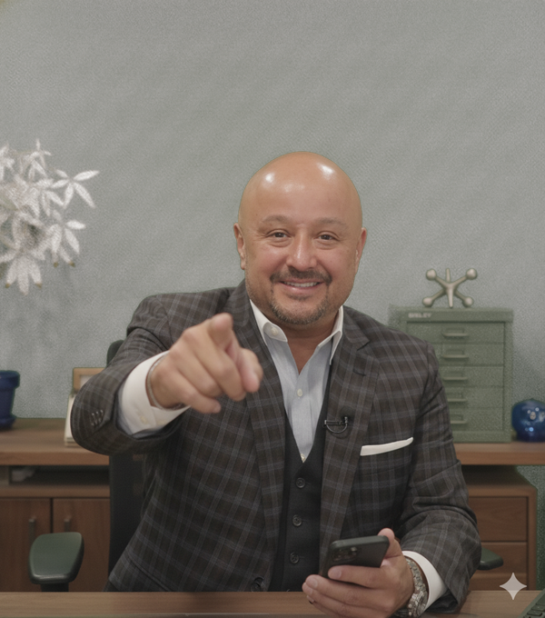 Jesse Fonseca at his desk, phone in hand, pointing at the camera