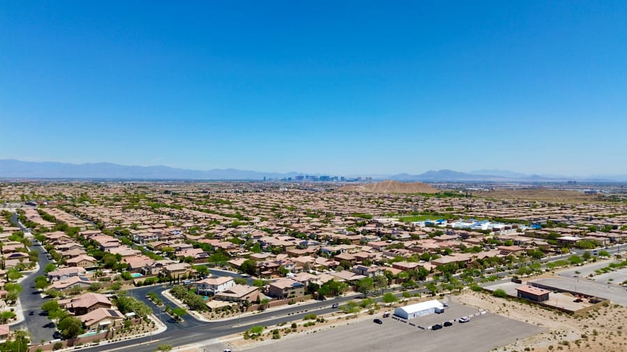 Aerial view of new Enterprise tract homes with the Las Vegas valley behind them